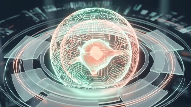 Abstract digital brain model spinning with circuit board pattern and glowing neuron inside for artificial intelligence research