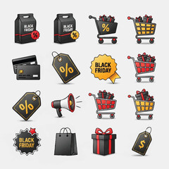 Black Friday Shopping Icons Set for Online Sales and Promotions.