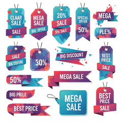 Collection of colorful sale tags and banners for promotions.