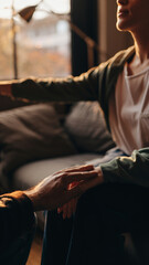 Person sitting by window, holding another person's hand, in a cozy indoor setting.