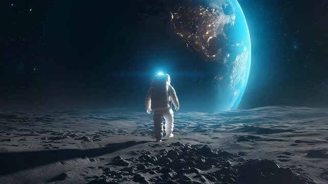 Astronaut stands on the lunar surface gazing at Earth rising in the distance, space exploration, innovation