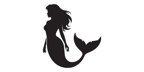 Naklejka premium Collection of five black silhouette mermaid illustrations on a white background,Silhouette of a mermaid sitting on a rock,Silhouette of a mermaid with crown ,