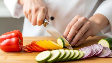 Chef slicing fresh zucchini and bell peppers on wooden cutting board with knife