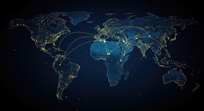 Global network map, glowing connections - Powered by Adobe