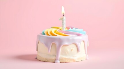 Cute pastel birthday cake with melting rainbow frosting and a number one candle on top. Playful and sweet celebration concept on pink background.