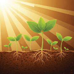 Young green plants growing from soil with visible roots.