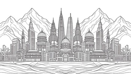 Fototapeta premium Outline drawing of majestic futuristic city skyline set against large rugged mountains