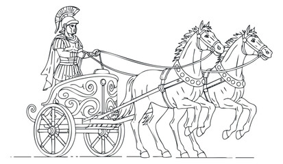 Fototapeta premium A gladiator riding a chariot pulled by two horses in outline vector style, suitable for historical illustrations and educational materials