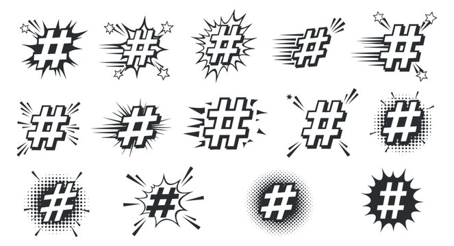 A collection of hashtag symbols with various explosion effects in black and white comic vector style, suitable for social media graphics