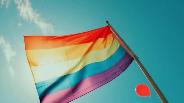 A vibrant rainbow flag waving in the wind against a backdrop of a clear blue sky with fluffy white clouds.