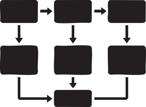 Black flowchart diagram with connected rectangular boxes and directional arrows, minimalist process or workflow illustration