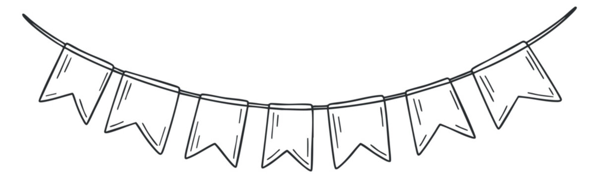 A string of decorative flags or banners in black and white outline vector style, suitable for party and event design