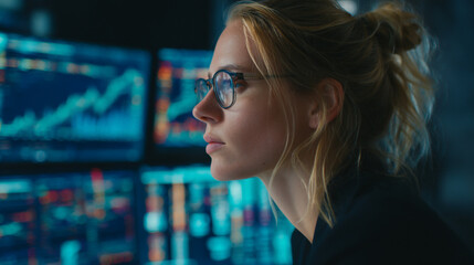 A focused woman analyzing financial data on multiple computer screens