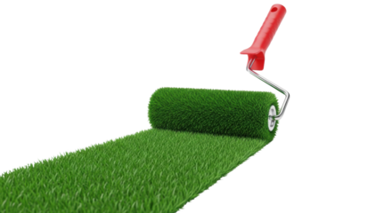 Low angle shot of a paint roller with a glossy red handle and chrome frame, laying a lush emerald grass path on a transparent studio floor with volumetric light and copy space. Concept of