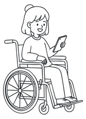 A smiling woman sitting in a wheelchair using a mobile phone in minimalist line art vector style, suitable for health and accessibility themes