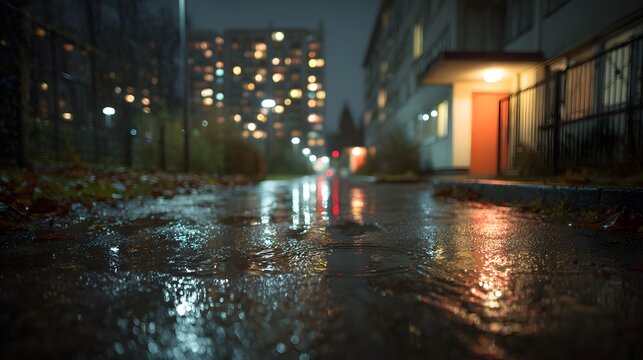 Low angle street level shot of a wet paved ground with a puddle reflecting neon city lights, a building entrance, and rainy evening atmosphere.
