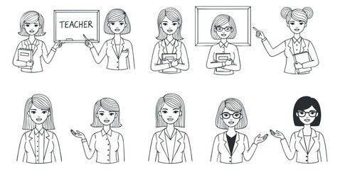 A collection of female teacher characters in minimalistic black and white vector style, ideal for educational materials and branding