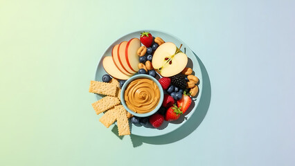 Healthy snack platter with peanut butter, fresh fruits, and crackers on a pastel background