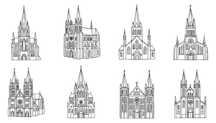 Obraz premium A collection of nine detailed gothic cathedrals in black and white outline vector style, ideal for architectural design projects