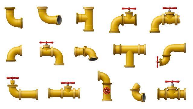 Yellow pipes and valves on black background for plumbing and industrial designs