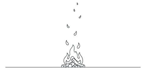 A minimalist line art illustration of a campfire with flames and smoke in outline vector style, suitable for outdoor themes
