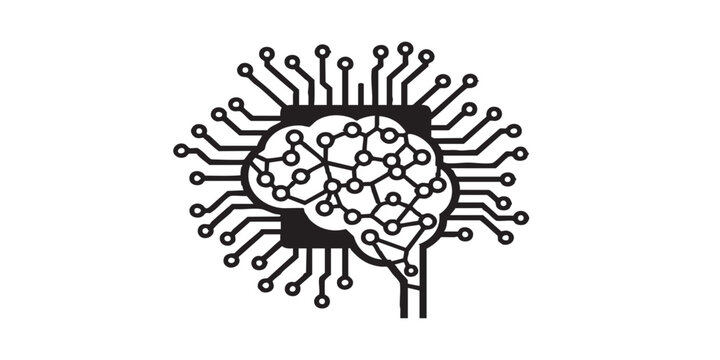 Artificial intelligence brain circuit board vector icon, AI and technology symbol, neural network and digital concept, black outline and filled style, isolated on transparent background, minimalist ve