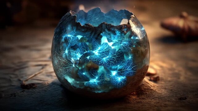 Glowing sphere within a cracked eggshell conceptual art illustration