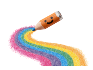 Smiling pencil draws colorful rainbow trail orange face