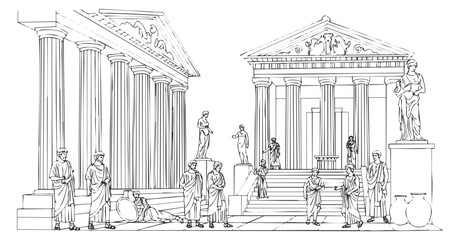 A linear outline illustration of ancient Greek architecture with temples, columns, and figures in a historical scene, ideal for educational materials