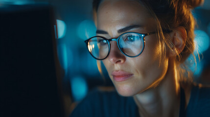 Fototapeta premium A woman with glasses is looking at a computer screen