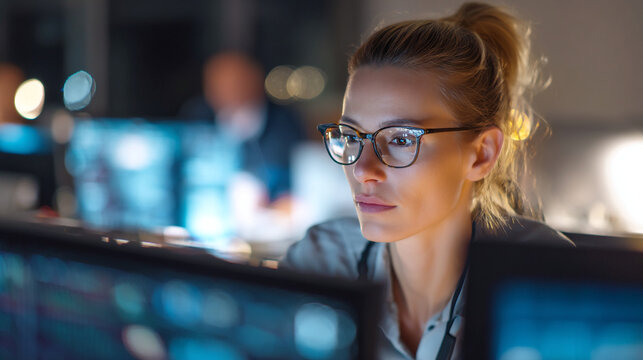 A focused woman with glasses works on a computer in an office - Powered by Adobe
