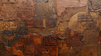 Fototapeta premium extured abstract painting textile patterns, heavy layered paint, stone-like surface, earthy browns and clay reds