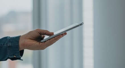 Hand Holding Smartphone, Modern Technology, Minimalist Aesthetic, Soft Lighting, Close-Up.