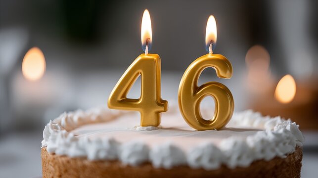 46th birthday cake with gold number 46 candles burning on white buttercream frosting with warm bokeh party lights