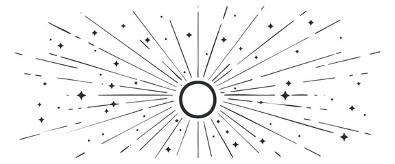 Obraz premium A sunburst design with radiating rays and stars in black and white minimalist vector style, ideal for festive graphics and backgrounds