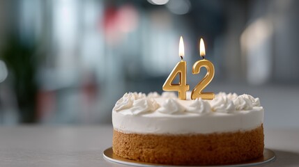 42nd birthday cake with gold number 42 candles burning on white buttercream frosting on plate with soft bokeh lights background