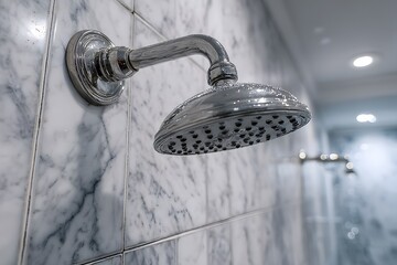 Luxurious shower interior with white Carrara marble tiles, grey veining, modern chrome rain head, minimalist fixtures, bright, clean lighting.