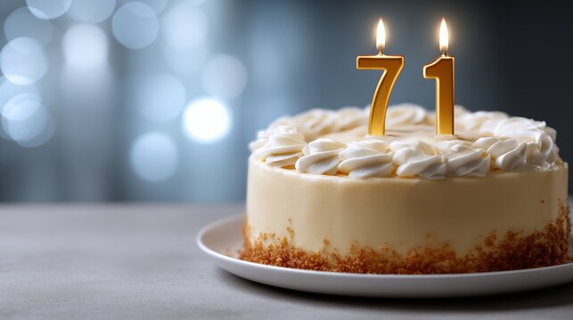 71st birthday cake with gold number 71 candles burning on white buttercream frosting on plate with soft bokeh lights background
