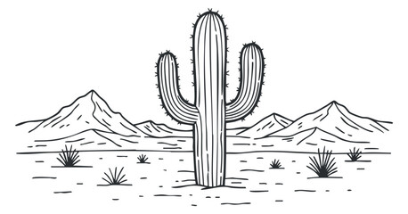 A detailed illustration of a cactus in a desert landscape with mountains in outline black and white vector style, suitable for nature-themed design projects