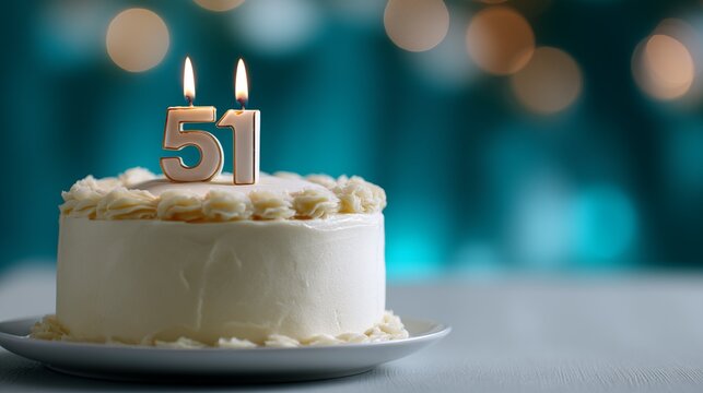 51st birthday cake with number 51 candle burning on white buttercream frosting on plate with teal bokeh lights background