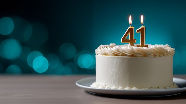 41st birthday cake with gold number 41 candles burning on white buttercream frosting on plate with teal bokeh lights background