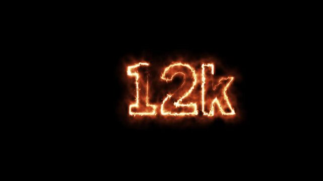Glowing 12k text with fiery effect on black background
