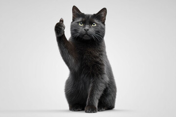 Serious black cat sitting and giving thumbs up gesture looking at camera in studio. Calm domestic feline showing approval sign isolated on white background
