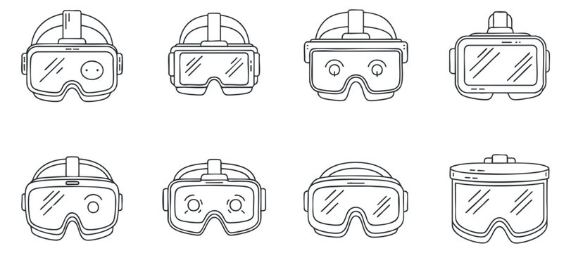 A set of various virtual reality goggles and headsets in outline vector style, suitable for technology and gaming themes - Powered by Adobe