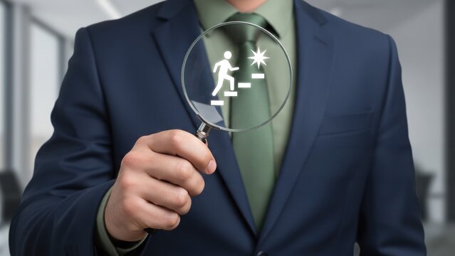 A business hand using a magnifier on a next step icon, guiding clear onboarding business process