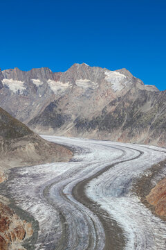 Scenic view on Great Aletsch Glacier from viewpoint Moosfluh in Valais canton, Switzerland
