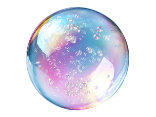 Iridescent soap bubble with tiny bubbles inside reflecting rainbow colors colorful