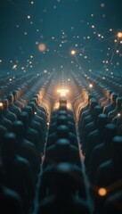 Fototapeta premium A crowd of a silhouettes with one glowing leader, symbolizing guided onboarding business procesc