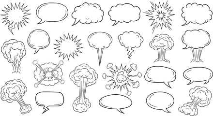 Comic speech bubbles and explosion effects, cartoon-style visual elements, graphic design pack, flat vector illustration © MoonMoonAktar