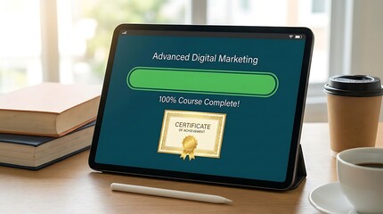 Tablet displaying a completed digital marketing course with a certificate of completion, alongside books and coffee.